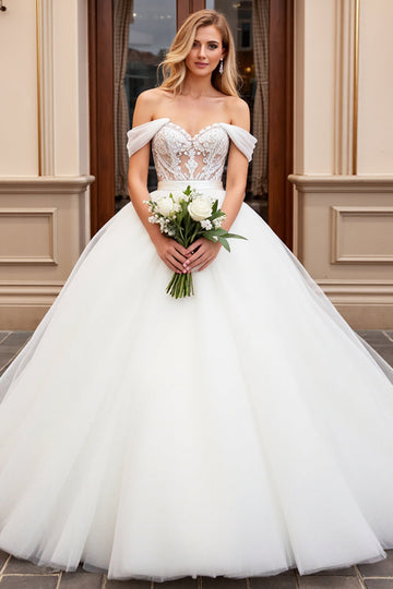 Ivory Lace Tulle Off the Shoulder Wedding Dress